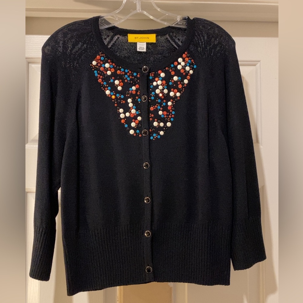 ST. JOHN Multicolor Embellished Black Cardigan